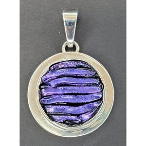 Estate Designer Sterling Silver & Purple Art Glass Round Pendant! 35‎